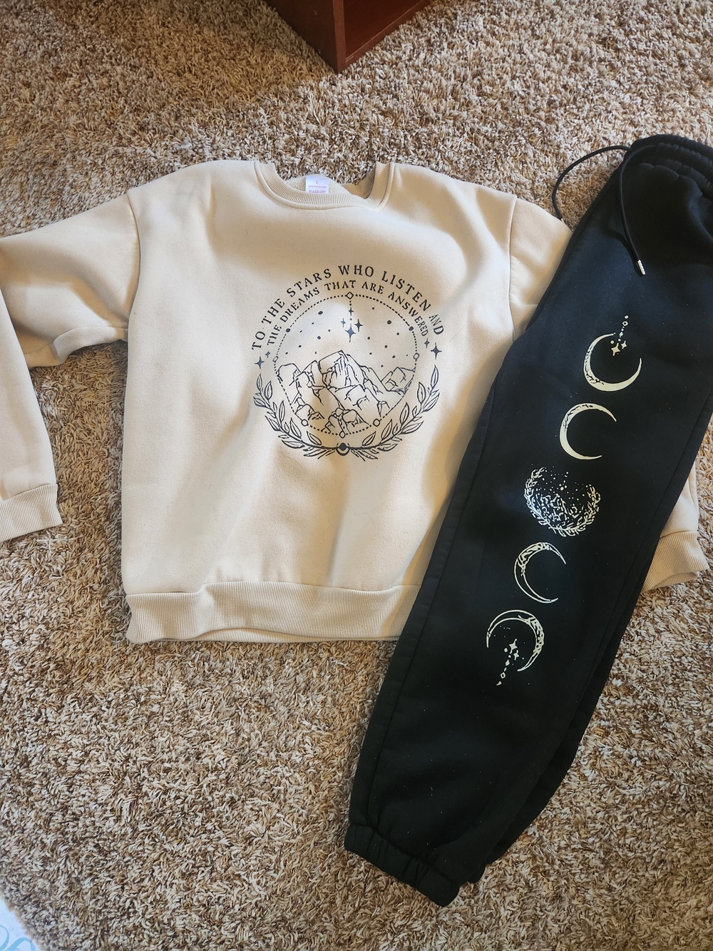 Beige Graphic Sweatshirt and Black Moon Joggers Set